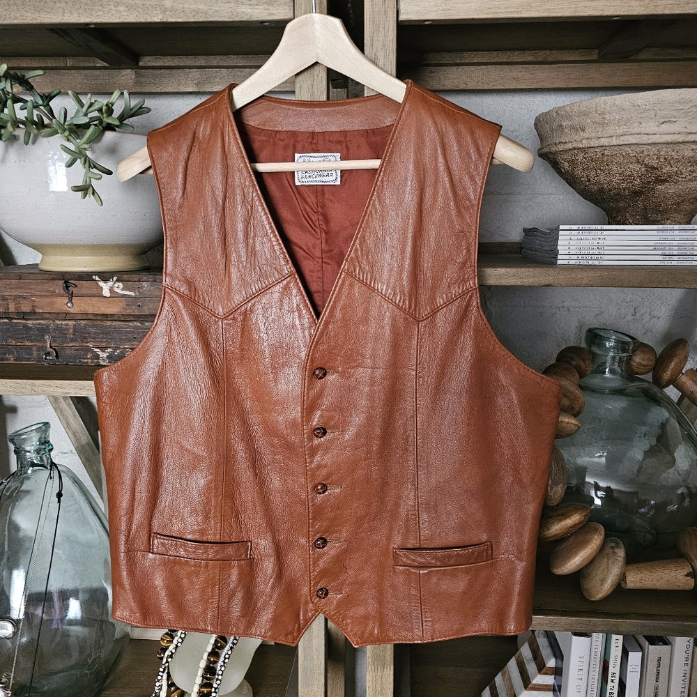 Vintage 70's H Bar C California Ranchwear Brown Glossy Western Leather Vest - Picture 2 of 10